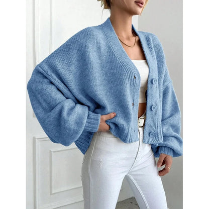 Knitted Cardigan Women's 2025 Autumn And Winter New Item Casual Loose V-neck Lantern Sleeves Knitted Sweater Women