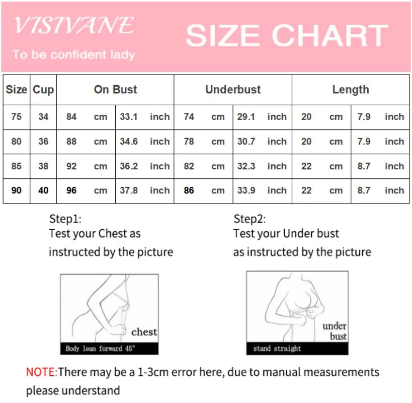 Size chart for VISTIVANE products with measurements and instructions.