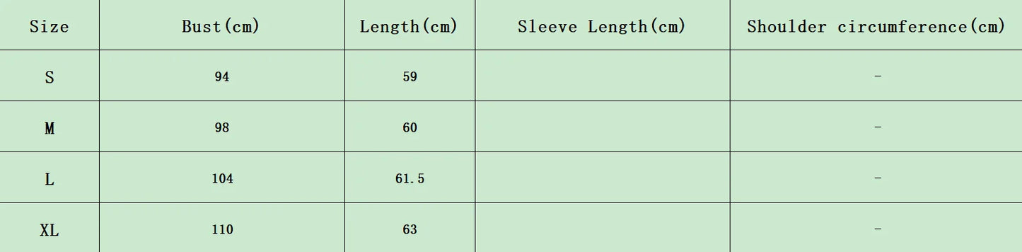 Table with clothing size chart including bust, length, sleeve length, and shoulder circumference measurements.