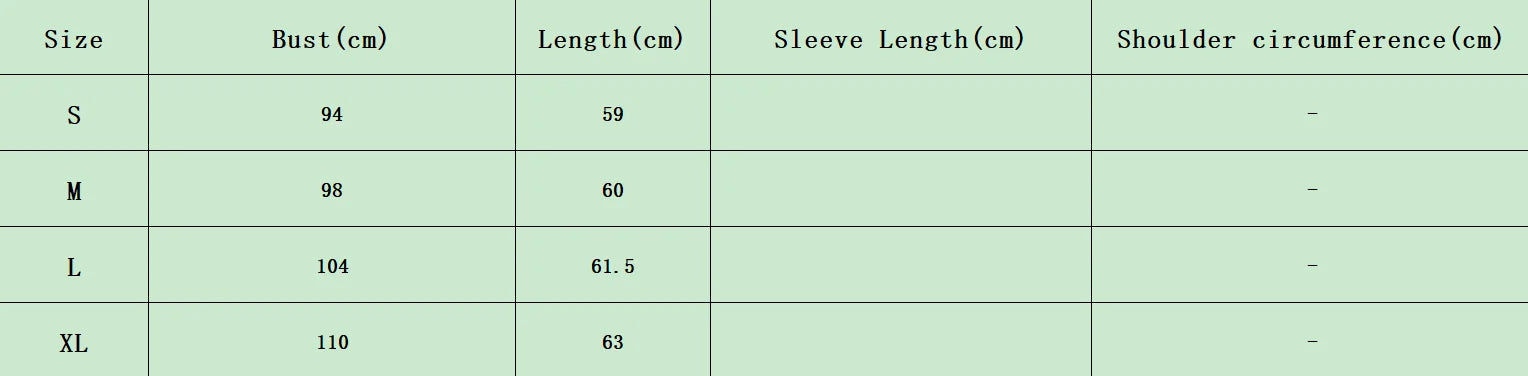 Table with clothing size chart including bust, length, sleeve length, and shoulder circumference measurements.