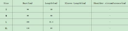 Table with clothing size chart including bust, length, sleeve length, and shoulder circumference measurements.