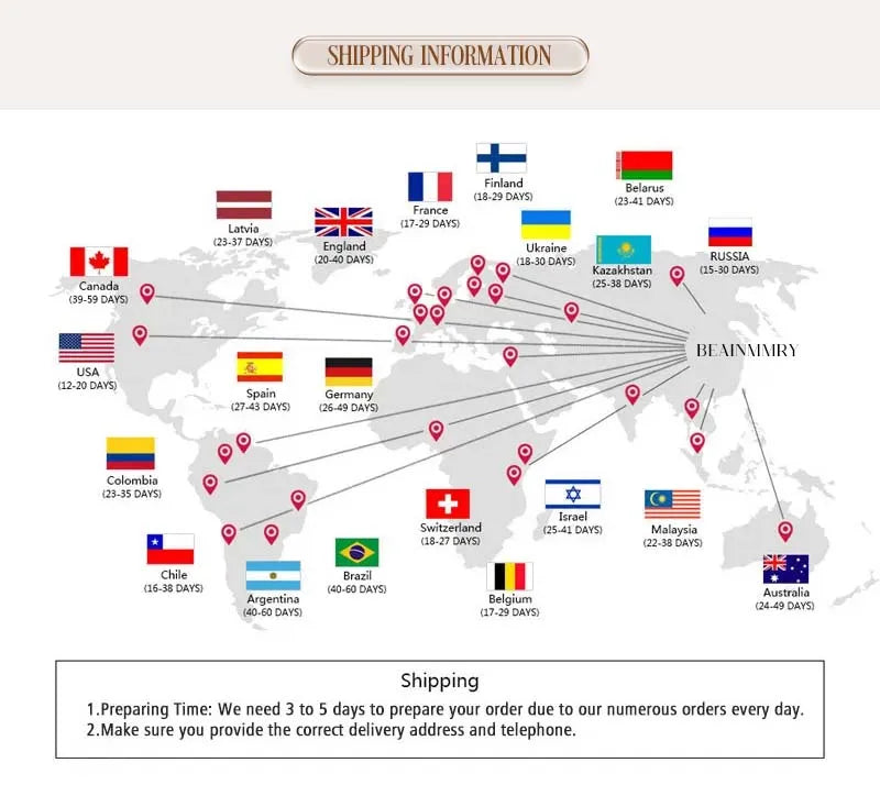 World map with flags indicating shipping times to various countries