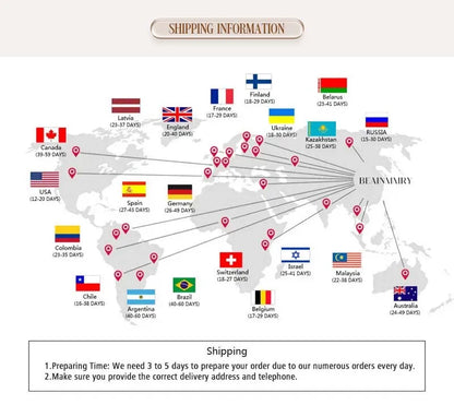 World map with flags indicating shipping times to various countries