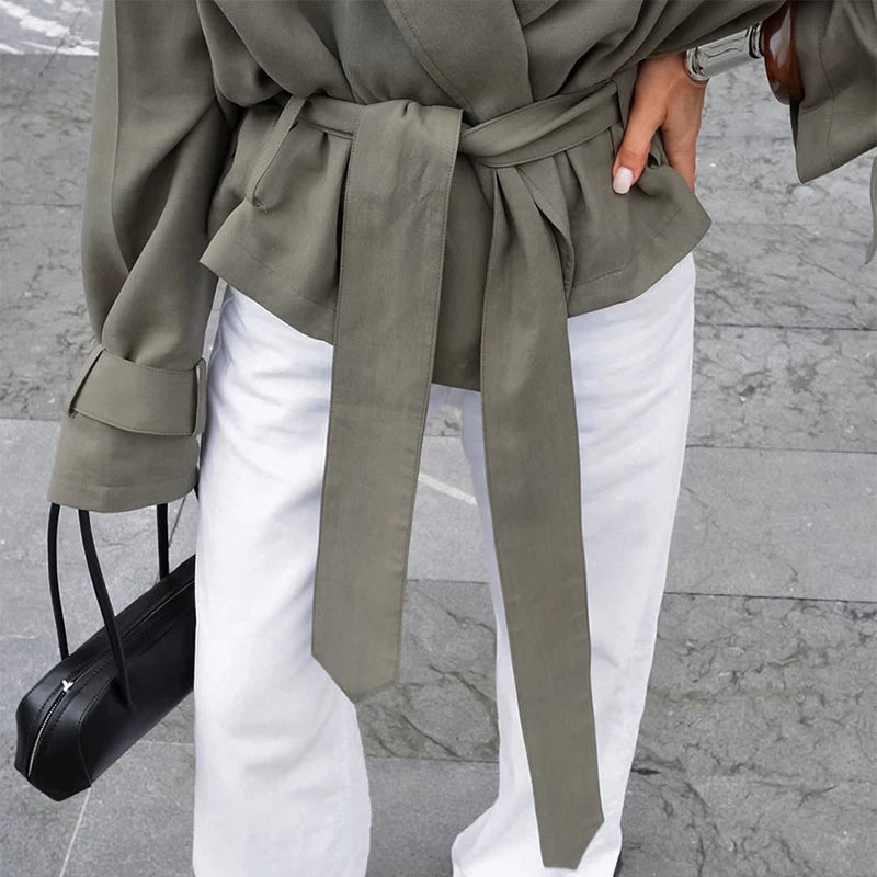 Solid Belted Oversized Windbreaker Women's Fashion Full Sleeve Button Loose Long Coat 2025 Office Lady Daily Commute Overcoats