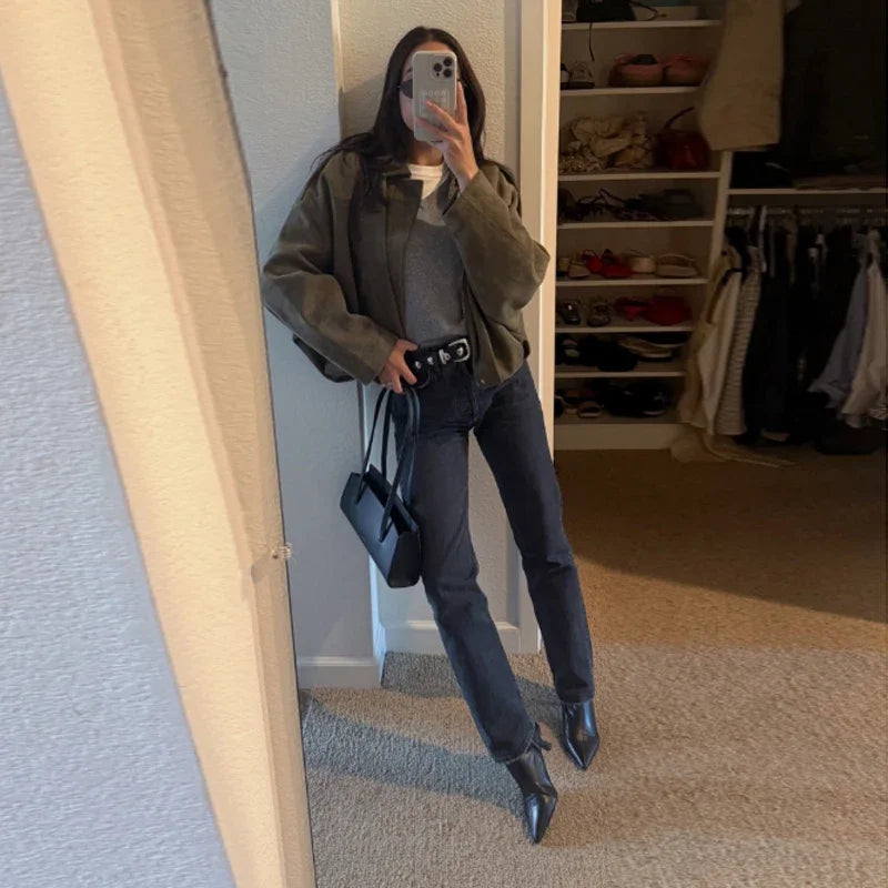 Solid Suede Zipper Short Jacket Women's Retro Full Sleeve Lapel Collar Pocket Elastic Waist Loose Overcoat Lady High Streetwear