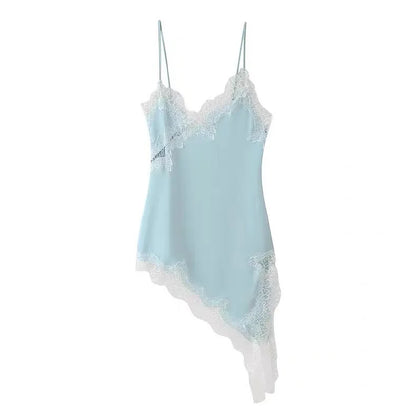 Light blue satin slip with lace trim on a white background