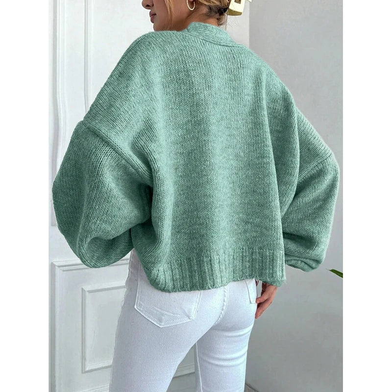 Knitted Cardigan Women's 2025 Autumn And Winter New Item Casual Loose V-neck Lantern Sleeves Knitted Sweater Women