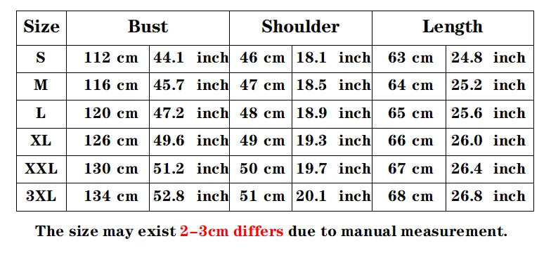 Size chart for clothing with measurements in centimeters and inches.