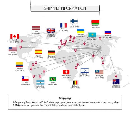 World map with flags of various countries and corresponding shipping time information.