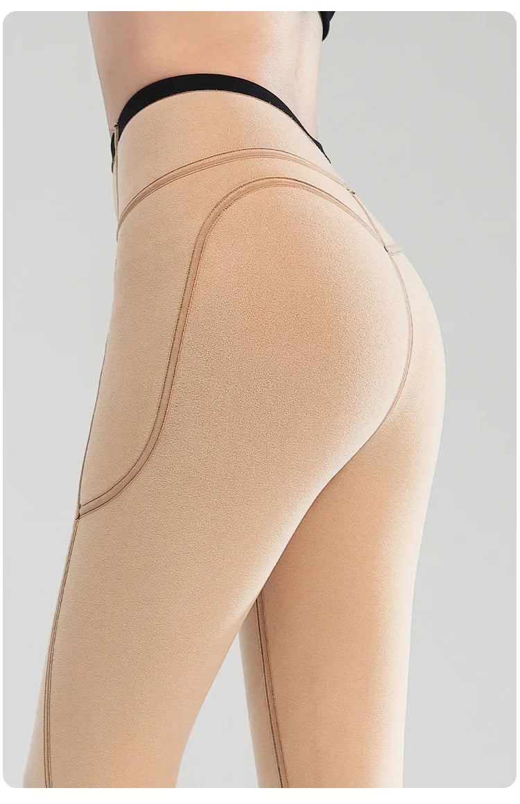 BIVIGAOS Autumn Winter Fleece Pocket Sharkskin Leggings Women High Waist Tight-Fit Velvet Thickened Warm Sports Running Leggings
