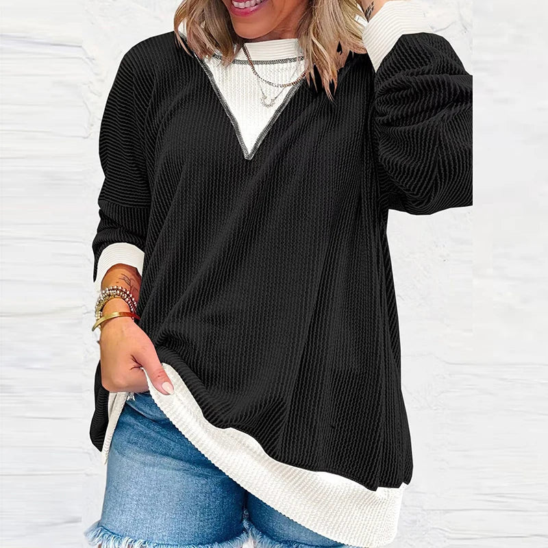 Autumn Winter O Neck Long Sleeve Sweatshirt Women Casual Patchwork Color Pullover Shirt Women Fashion BLouses