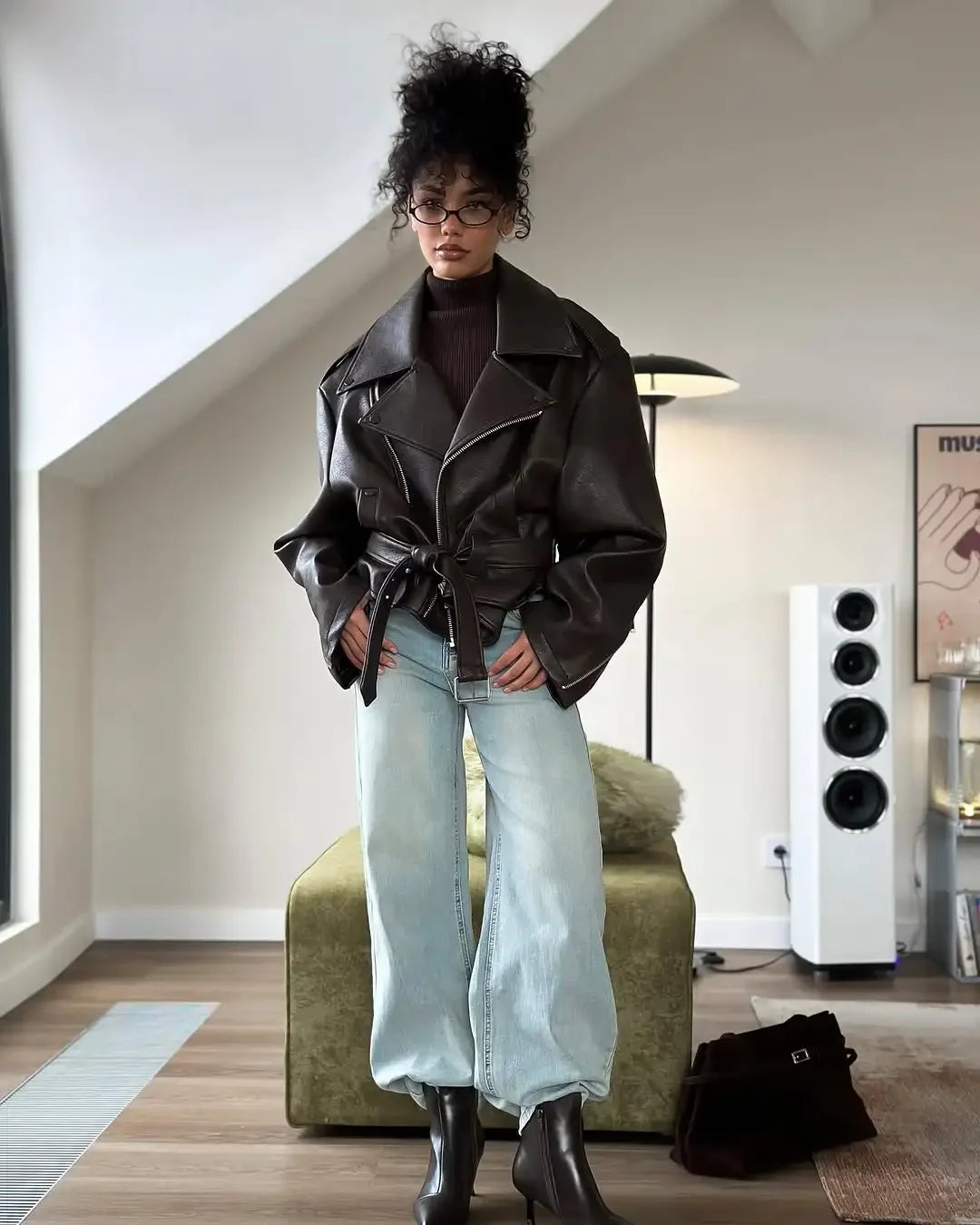 Casual Dark Red  Zipper Leather Short Jackets Women Long Sleeve Lace Up Lapel Loose Button Coat Lady Daily High Street Wear 2025