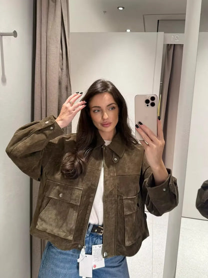 YENKYE Women Front Patch Pockets Faux Leather Bomber Jacket Long Sleeve Zipper Autumn Winter Coat 2025 Loose Outerwear