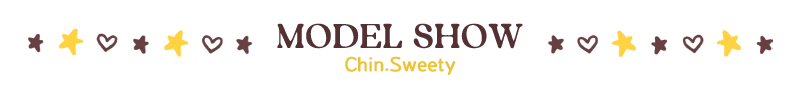 Decorative text with 'MODEL SHOW' and 'Chin.Sweety' surrounded by stars and hearts on a white background.