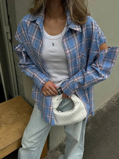 Fashion Checkered Pattern Shirts Women Elegant Lapel Long Sleeve Single Breasted Pocket Loose Top 2025 Daily Street Outerwear