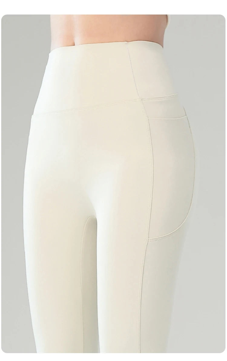 BIVIGAOS Autumn Winter Fleece Pocket Sharkskin Leggings Women High Waist Tight-Fit Velvet Thickened Warm Sports Running Leggings