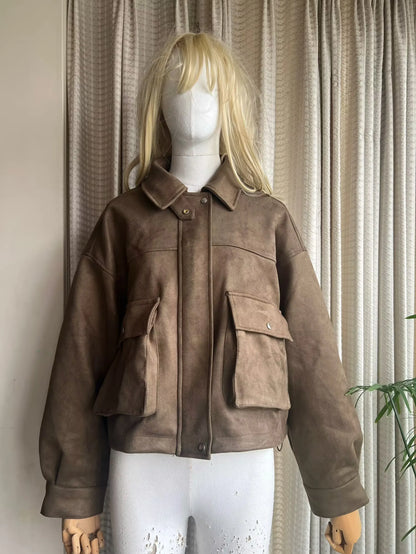 YENKYE Women Front Patch Pockets Faux Leather Bomber Jacket Long Sleeve Zipper Autumn Winter Coat 2025 Loose Outerwear