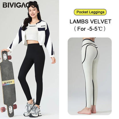BIVIGAOS Autumn Winter Fleece Pocket Sharkskin Leggings Women High Waist Tight-Fit Velvet Thickened Warm Sports Running Leggings