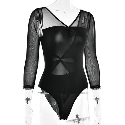 JULISSA MO Patchwork Sexy V-neck Sheer Mesh Women Bodysuit White Backless Long Sleeve Bodycon Autumn Elegant Party Clubwear 2025