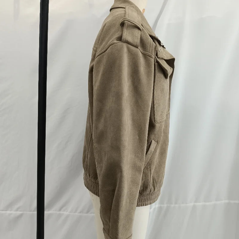 Fashion Suede Solid Coats Women Stand Neck Full Sleeve Zipper Pocket Jackets 2025 Autumn Winter New Female Moto Style Outerwear