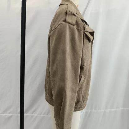 Fashion Suede Solid Coats Women Stand Neck Full Sleeve Zipper Pocket Jackets 2025 Autumn Winter New Female Moto Style Outerwear
