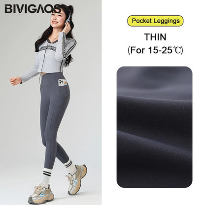 BIVIGAOS Autumn Winter Fleece Pocket Sharkskin Leggings Women High Waist Tight-Fit Velvet Thickened Warm Sports Running Leggings