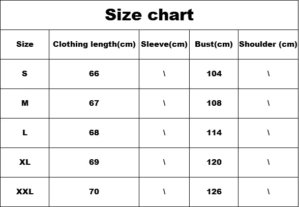 Size chart for clothing measurements including length, sleeve, bust, and shoulder dimensions.