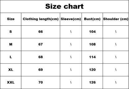 Size chart for clothing measurements including length, sleeve, bust, and shoulder dimensions.