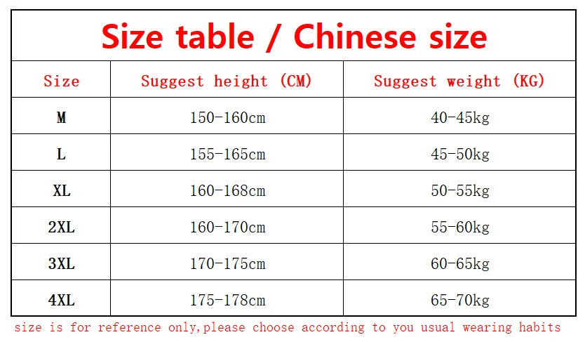 Size chart for clothing with Chinese size categories and corresponding height and weight ranges.