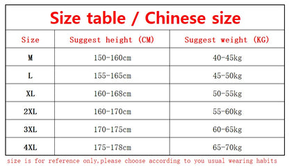 Size chart for clothing with Chinese size categories and corresponding height and weight ranges.