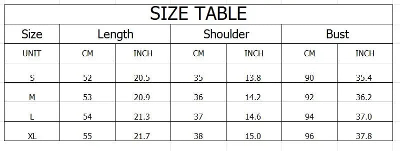 Size chart for clothing with measurements in centimeters and inches.