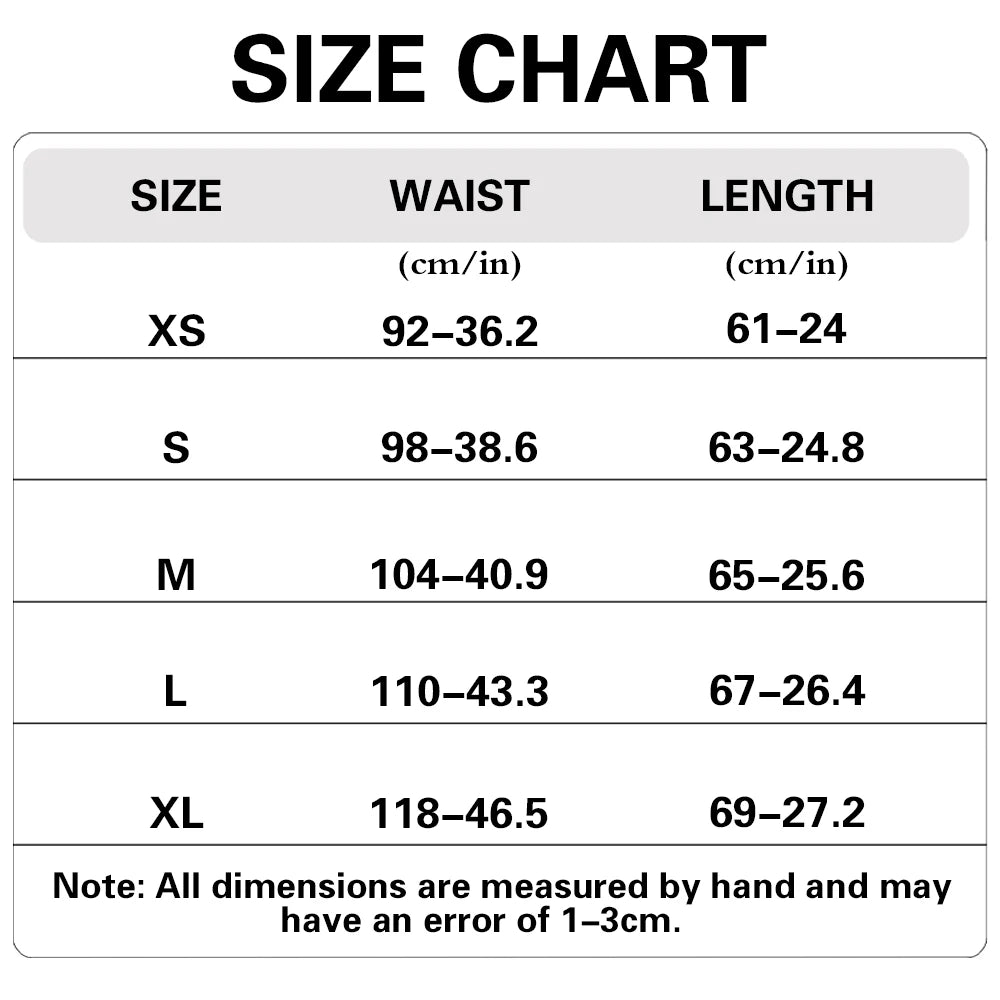 Size chart for clothing with waist and length measurements in centimeters and inches.