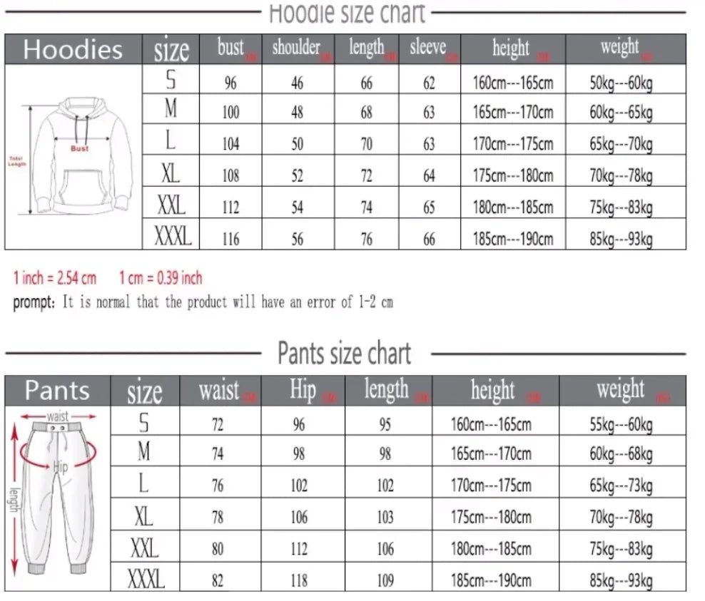 Size chart for hoodies and pants with measurements and weight ranges.