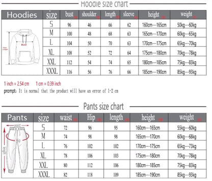 Size chart for hoodies and pants with measurements and weight ranges.