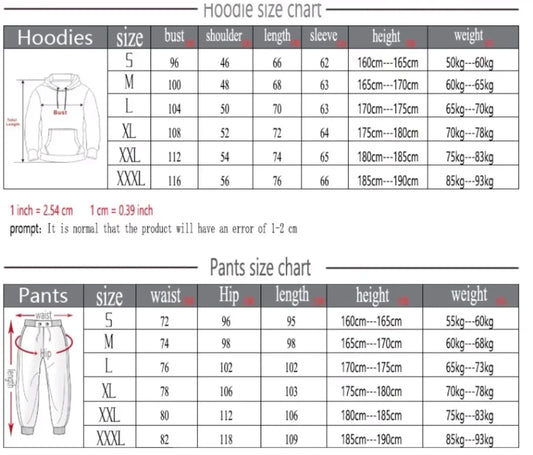 Size chart for hoodies and pants with measurements and weight ranges.