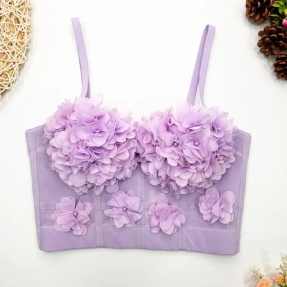Lavender bralette with floral decorations on a white background