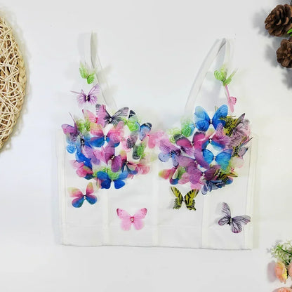 Butterfly-themed bra with colorful butterflies on a white background