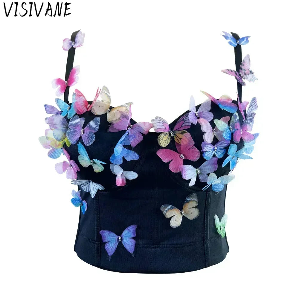 Black top with colorful butterfly decorations on a white background