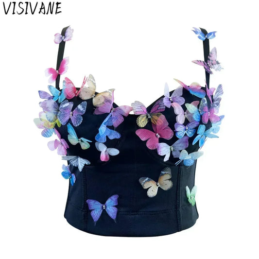 Black top with colorful butterfly decorations on a white background