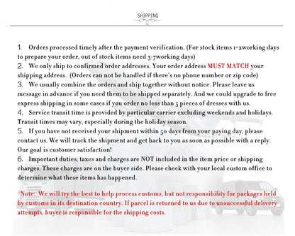 Text document with shipping and order processing guidelines on a white background