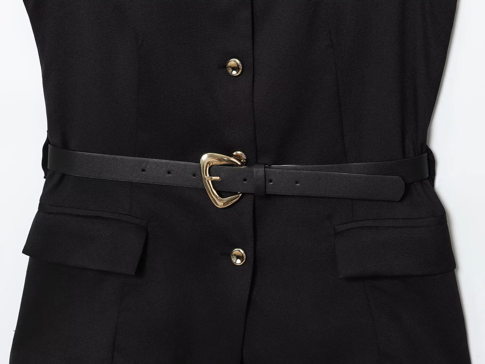Black outfit with a belt and gold buttons on a white background