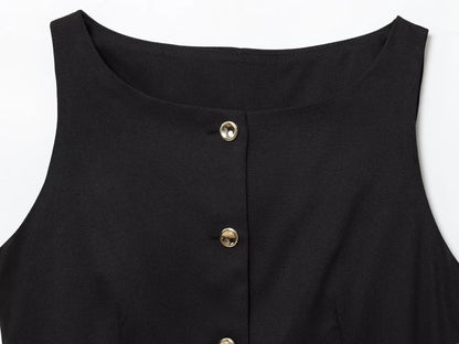 Black sleeveless top with gold buttons on a white background