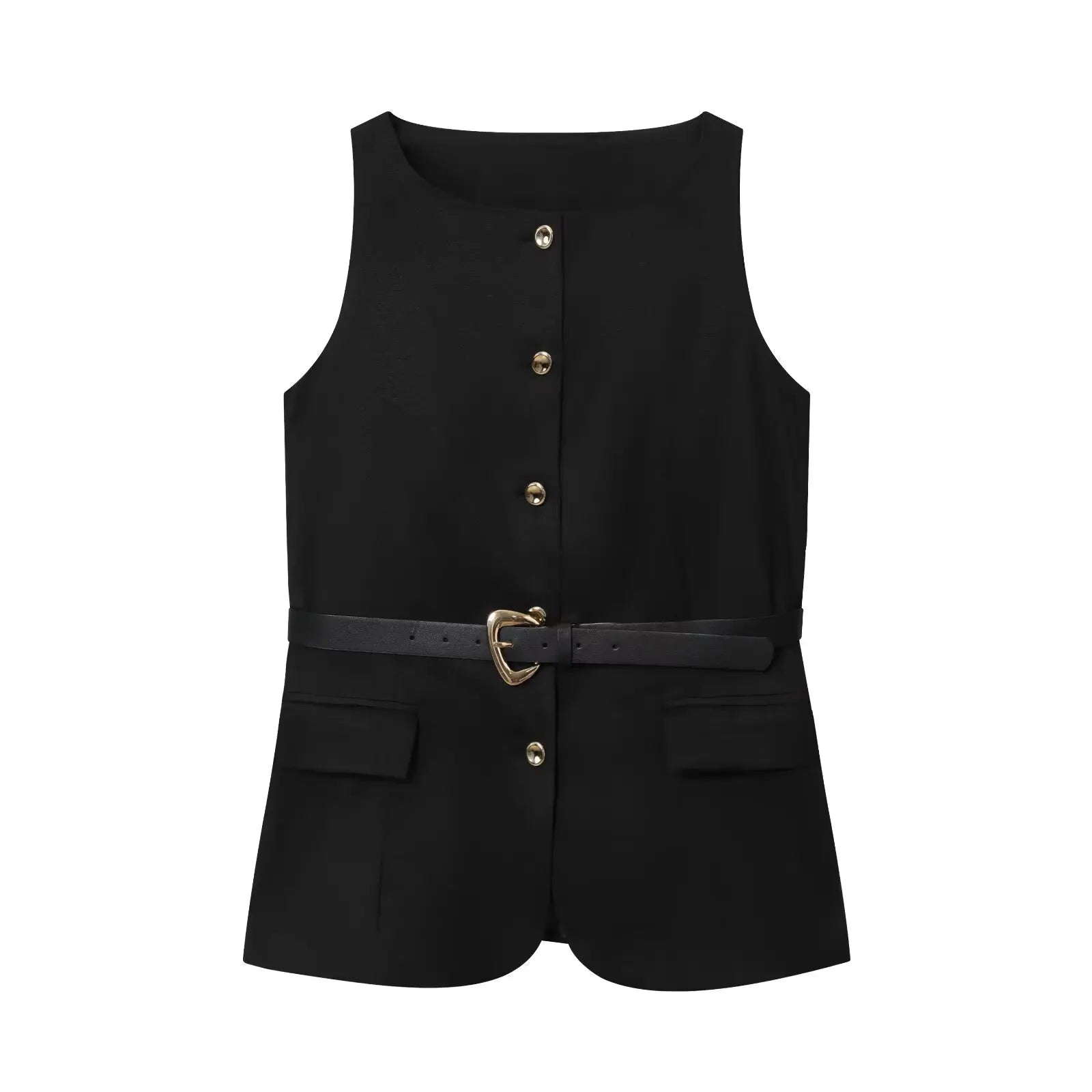 Black sleeveless top with buttons and a belt on a white background