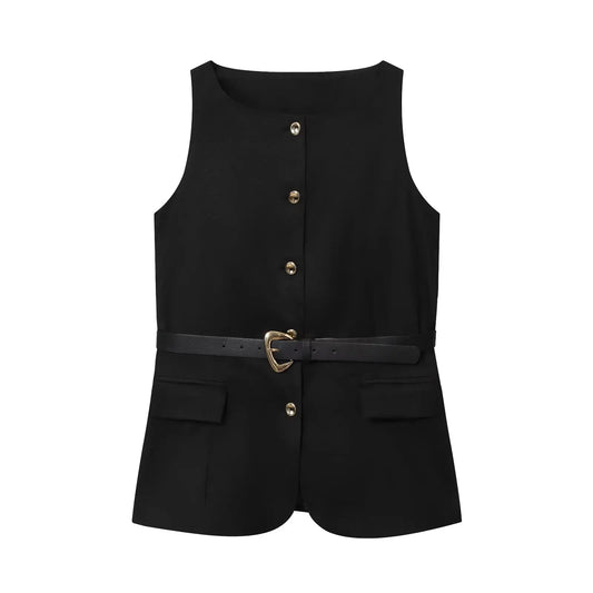 Black sleeveless top with buttons and a belt on a white background