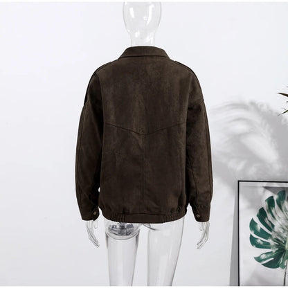 Brown suede jacket on a mannequin against a white background
