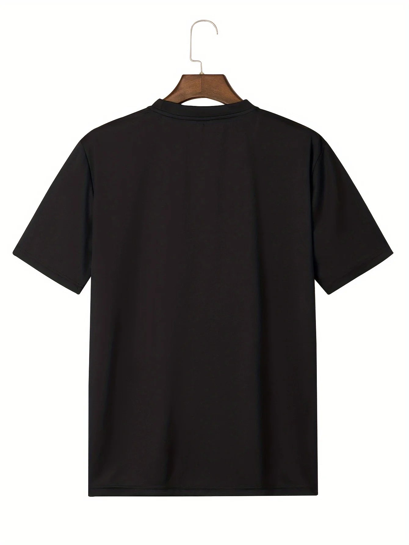 Black t-shirt on a hanger with a white background