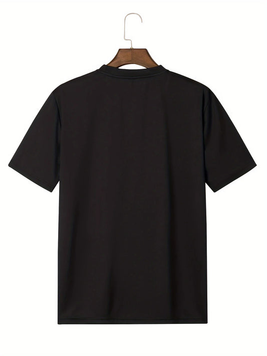 Black t-shirt on a hanger with a white background