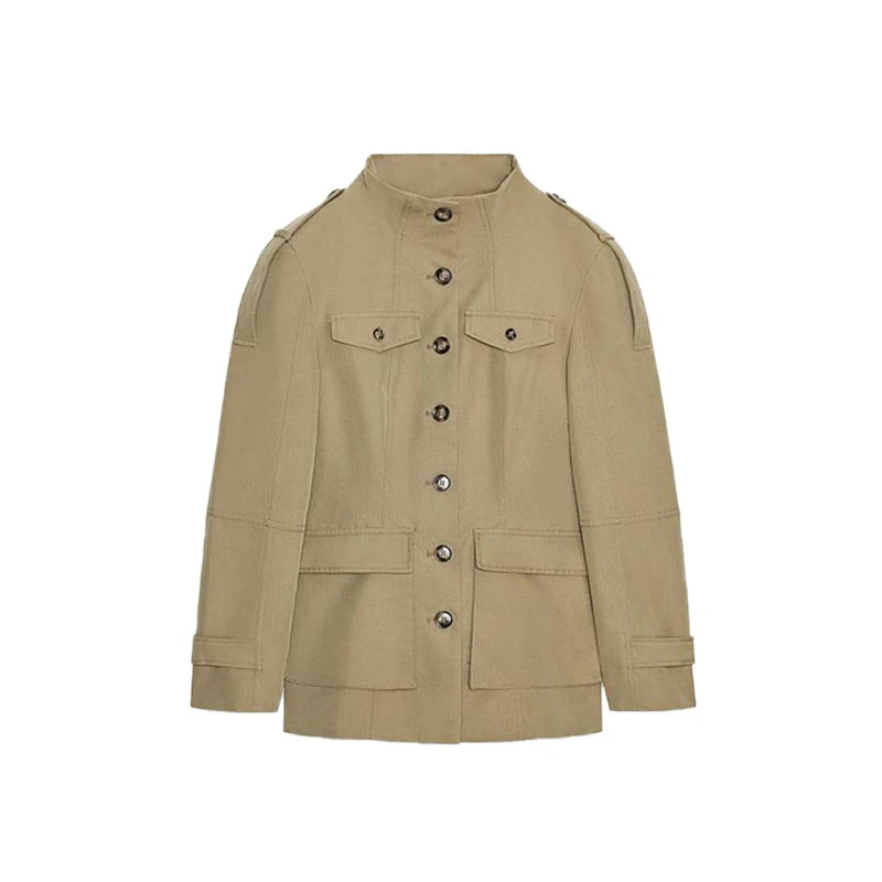Beige military-style jacket on a white background