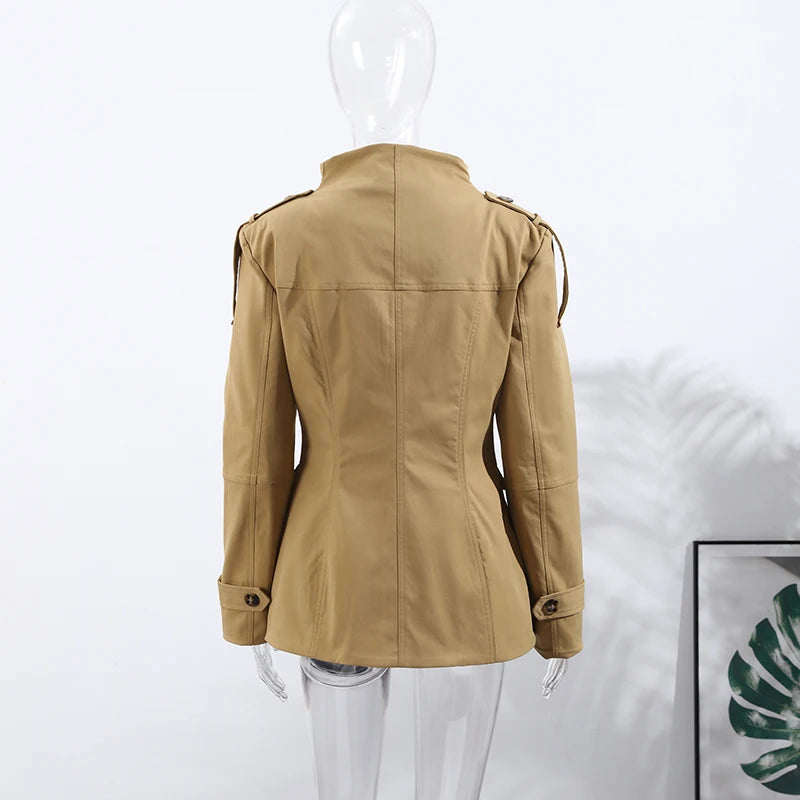 Beige jacket on a mannequin against a white background