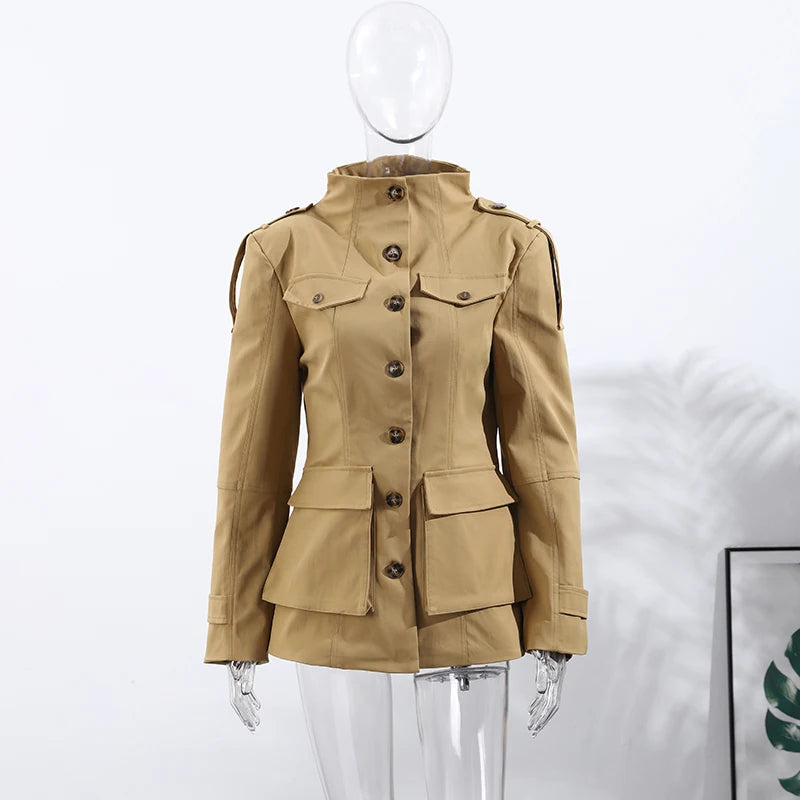 Beige military-style jacket on a mannequin against a white background
